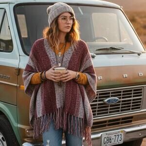 Title Almost Famous Brick Red Cream Knit Fringe Poncho Kimono Sleeve S/M